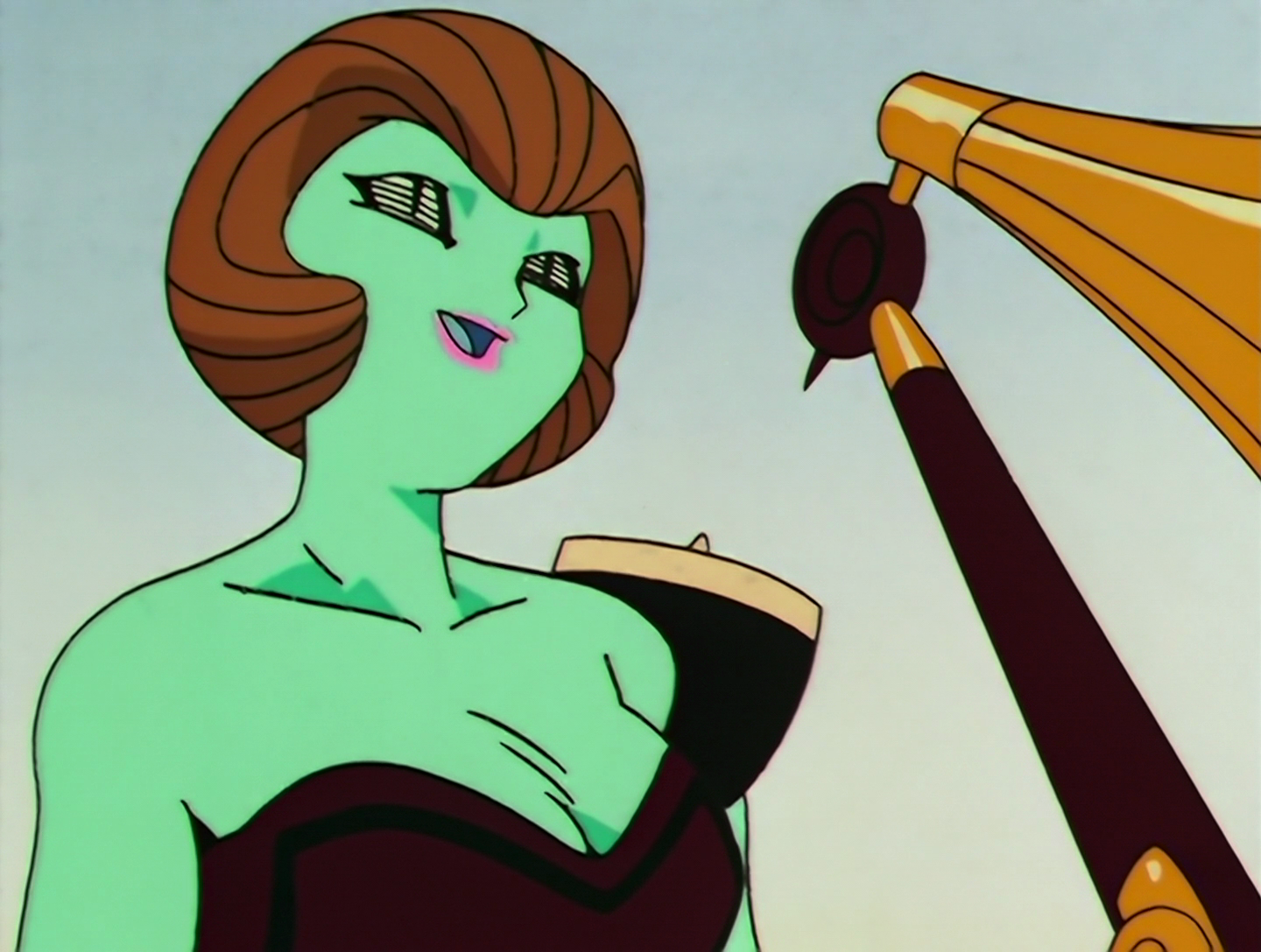 A closer view of Chikuon once she’s shed the outer layer of her outfit. Her actual hair resembles carved wood, and the wood theme continues with her outfit. She has a large gramophone mechanism coming off one side of her body, with the turntable resting on her shoulder. Her eyes also have multiple horizontal black lines resembling musical staffs. Staves? I’m British but live in America and I’m absolutely unclear on whether “staves” is purely a British English thing, or an acceptable way to pluralize “staff” in this context in American English. Hi, alt text readers. I hope this is a fulfilling experience.